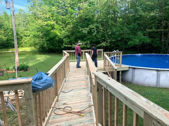 Wooden above ground pool deck